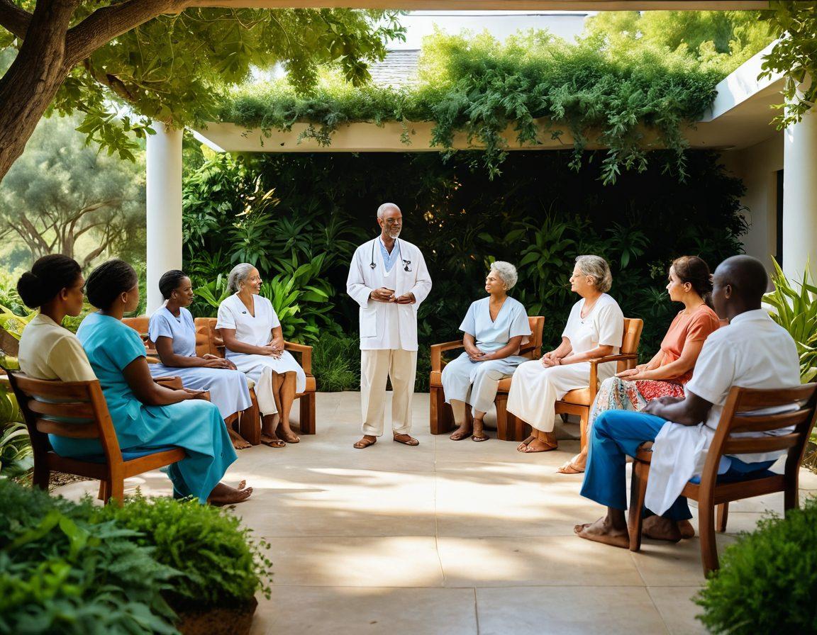 A serene scene depicting a compassionate patient advocate sharing knowledge with a diverse group of patients in a bright, welcoming renal treatment center surrounded by greenery. Include elements of holistic health like herbal remedies, mindfulness practices, and wellness workshops in the background. Show warmth and community in their interactions, symbolizing support and healing. vibrant colors. super-realistic.