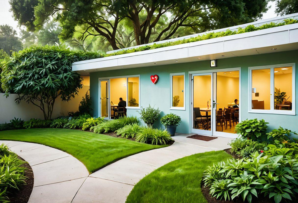 A serene landscape depicting a tranquil kidney care clinic surrounded by lush greenery, showcasing patients smiling while receiving care from compassionate healthcare professionals. Include symbols of well-being, such as a heart and healthy foods, integrated into the design. The atmosphere should radiate hope, support, and ethical practices in healthcare. soft-focus. vibrant colors. calming aesthetics.