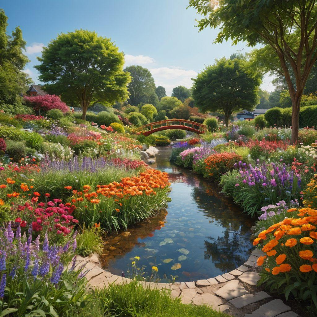 A serene landscape featuring a vibrant kidney-shaped garden, bright flowers blooming in a multitude of colors, a gentle stream running through, and a diverse group of smiling people interacting and supporting each other. In the background, a clear sky symbolizes hope and well-being, while subtle symbols of advocacy like signboards are gracefully integrated into the scene. super-realistic. vibrant colors. uplifting atmosphere.